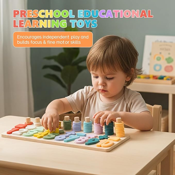 Silicone Montessori Number Puzzle Toys for Toddlers, Counting & Shape Sorting Educational Toy for 3 4 5 Year Old Boys Girls, Preschool Math Learning Board Gift, Colorful Silicone Stacking Toy