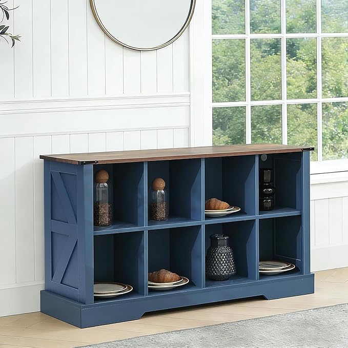 Puntogen 8 Cube Storage Organizer, Wood Cube Bookshelf with LED Lights, Horizontal Storage Cubes, Kids Bookshelf, Display Cabinet Cubby Shelf for Living Room Home Office Bedroom，Navy Blue
