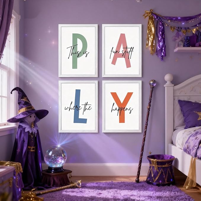 Cute Alphabet Play Framed Wall Art Set of 4, Natural Educational Alphabet Wooden Sign for Baby Girl Kid Boy Toddlers, White Boho Preschool English Letters Nursery Decor for Homeschool Playroom