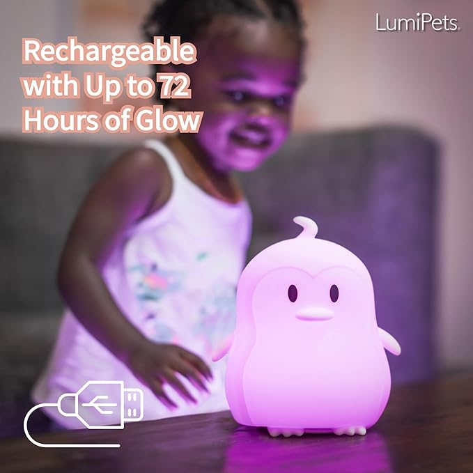 Lumipets Remote Control Silicone Night Light for Kids - Penguin Design with 9 Soft Colors & Sleep Timer - Rechargeable, Battery-Operated Lamp for Bedroom | Baby Nursery, Toddler, Girls, Boys
