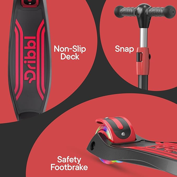 Dribbl 3-Wheel Kids Scooter - Lean-to-Steer Technology, Adjustable Height Handlebar, Anti-Slip Deck, Scooter for Boys & Girls Ages 3+, Child Safety Approved, Support Rider Up To 165 lbs, Black and Red