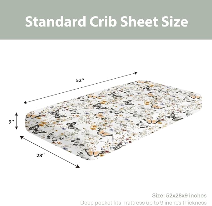 Boho Floral Butterflies Baby Crib Sheets for Boy Girl 52"x28" Vintage Wildflowers Leaves Soft Stretchy Fitted Crib Mattress Cover Retro Spring Summer Baby Sheet for Crib and Toddler Bed Mattresses