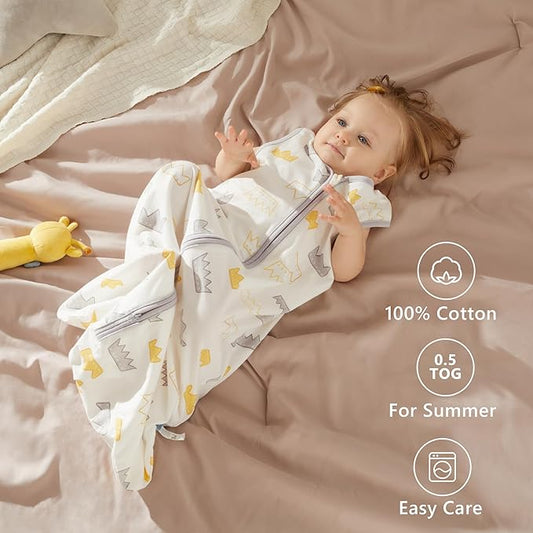 TILLYOU 2 Pack Infant Sleep Sack 0-6 Months 100% Cotton Wearable Blanket 0.5 TOG Sleeveless Summer Sleep Sacks with 2-Way Zipper, Gray Crown