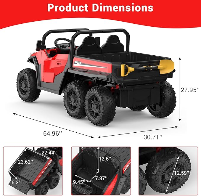 24V 2 Seater Ride on Dump Truck with Remote Control for Big Kids, 4WD 6 Wheels Ride on Car w/Music Player & LED Lights, Ride Toy Gift for Kid
