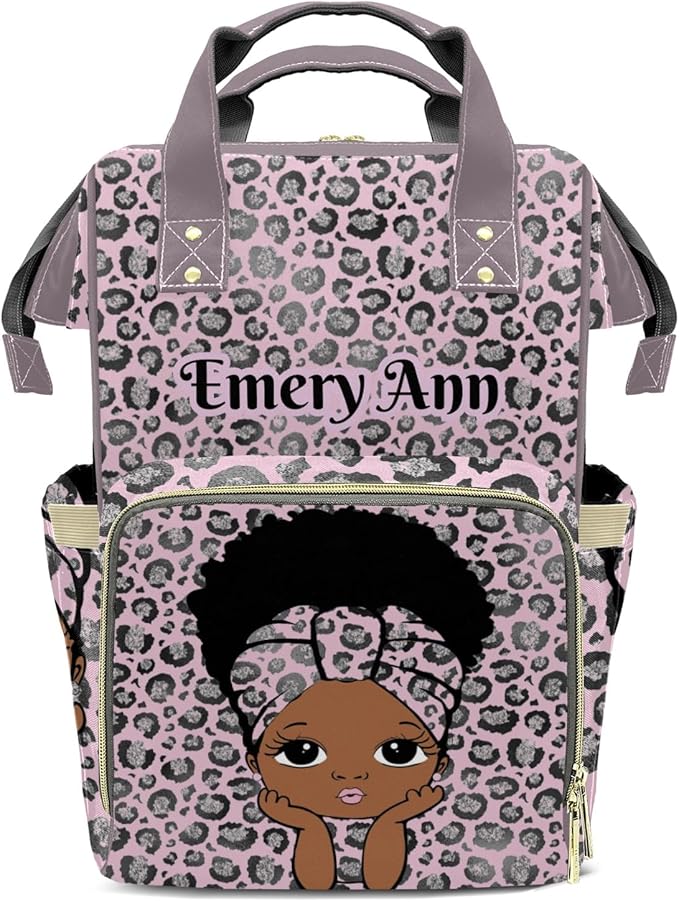Personalized Leopard Afro Girl Custom with Name Diaper Bag Backpack For Baby Boy Girl Dad Mom Unisex for Adult Daypack Holiday Gift