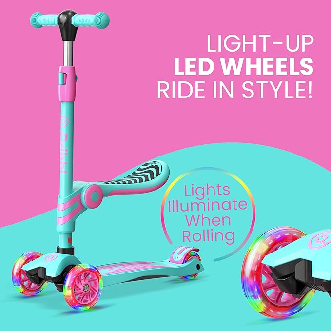 Candy 3 Wheel Scooter with Seat for Kids, Light-Up Wheels, Adjustable Lean to Steer Handlebar and Seat, Smooth Wheels, Wide No-Slip Deck, Rear Foot Brake, Toddler Outdoor Toys for Ages 2+