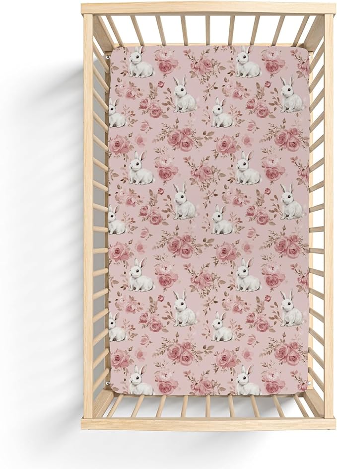Spring Bunnies Pink Roses Baby Crib Sheets for Boy Girl 52x28Inch Cute Rabbits Flowers Soft Snug Fitted Crib Mattress Cover Spring Garden Baby Sheet for Standard Crib and Toddler Bed Mattress