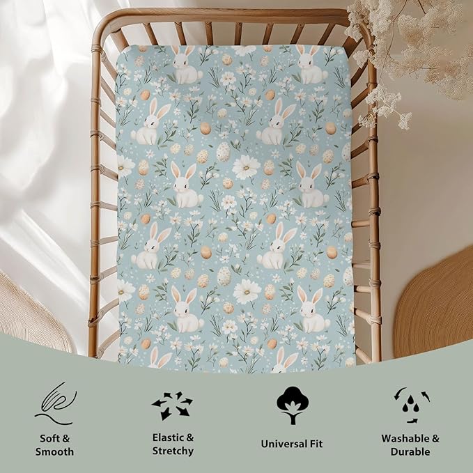 Blue Spring Bunnies Daisy Floral Baby Crib Sheets for Boy Girl 52x28 Cute Rabbits Eggs Flowers Soft Snug Fitted Crib Mattress Covers Spring Garden Baby Sheet for Standard Crib & Toddler Bed Mattress