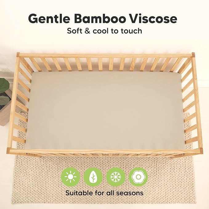 2-Pack Waterproof Baby Crib Sheets for Boys, Girls - 52x28 Viscose Derived from Bamboo Toddler Bed Sheet Neutral, Fitted Crib Mattress Protector Cover for Baby Bedding, Soft & Gentle (Ecru)