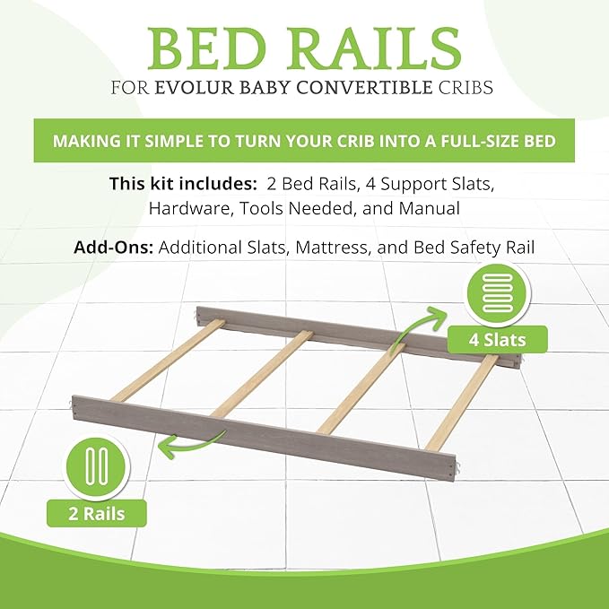 Full-Size Conversion Kit Bed Rails for Evolur Cribs - Solid Wood Crib Convertible Kit to Kids Bed - Transitional Style Rails & Easy-to-Install Child Essentials for Safety (Vintage Grey)