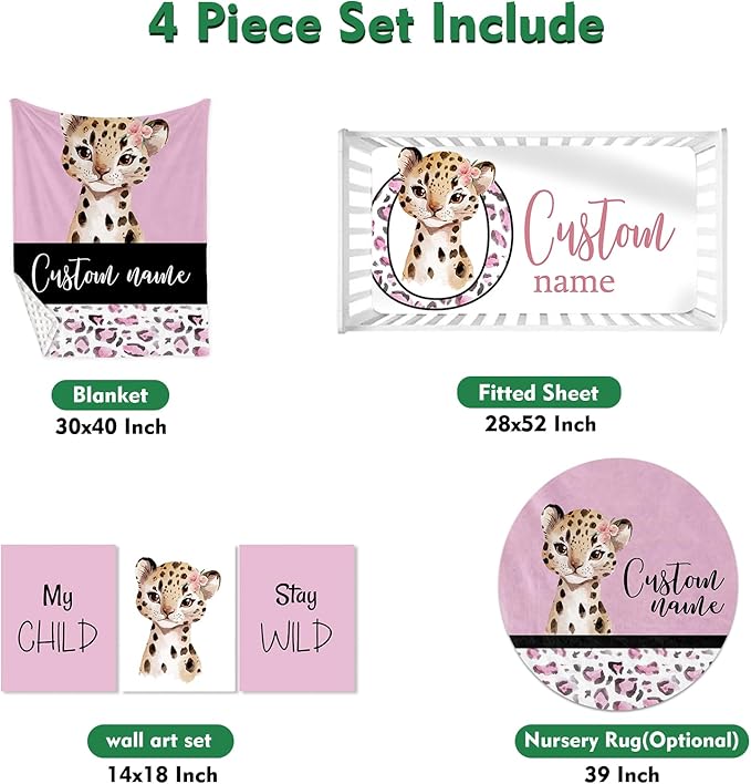Personalized Baby Crib Bedding Set: 4 Piece Custom Pink Leopard Crib Bed Set with Name, Nursery Bedding Set for Baby Girls, Newborn Boys Crib Sets, Crib Bedding Custom Gift, Crib Sheet