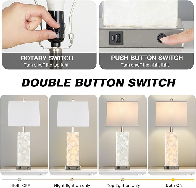 luxeflow 28" Coastal Table Lamps for Living Room Set of 2, Bedside Lamps with Night Light, USB A+C Ports, Modern Sea Shell Bedside Night Stands Light for Beachy Cottage Decor (Silver)