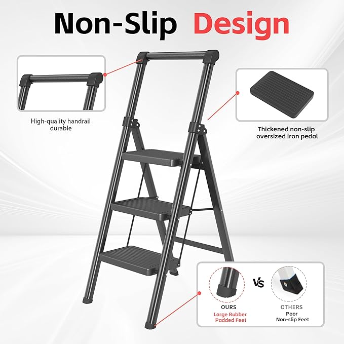 3 Step Ladder, DIAMONDFORGE Folding Step Stool with Wide Anti-Slip Pedal, Anti-Slip Feet and Handgrip, Sturdiest Steel Construction, Steel Ladder for Home, Black