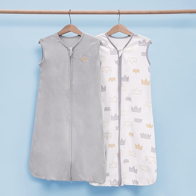 TILLYOU 2 Pack Baby Sleep Sack 12-18 Months 100% Cotton Wearable Blanket 0.5 TOG Sleeveless Summer Sleep Sacks with 2-Way Zipper, Gray Crown