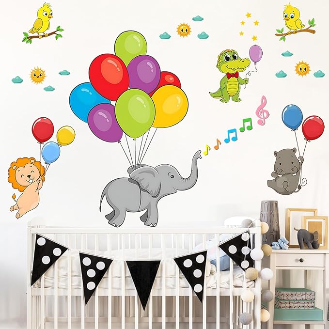 Eutecado Forest Animals Balloon Wall Decals Colorful Kids Wall Stickers, Lovely Elephant Hippo Lion Crocodile Wall Stickers Sun Clouds Art Decals for Nursery Classroom Playroom Cute Room Decor
