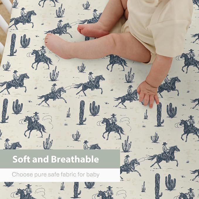 Vintage Western Cowboys Baby Crib Sheets for Boy Girl 52"x28" Retro Cowboy Horse Cactus Soft Stretchy Fitted Crib Mattress Cover Wild Desert Nursery Baby Sheet Fits Crib and Toddler Bed Mattresses