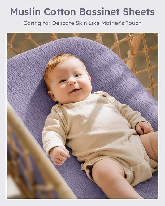 Muslin Bassinet Sheets Boy Girl, 100% Cotton Fitted Bassinet Sheet Set 2 Pack Bassinet Mattress Sheets Universal Fit for Rectangle, Round, Oval, Hourglass Mattress, Soft Breathable