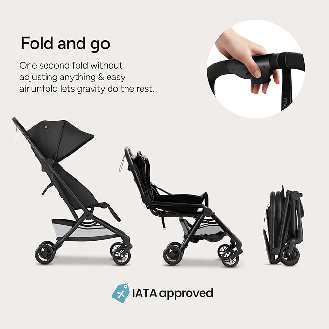 Mompush Velo Lightweight Travel Stroller, Compact & Airplane-Friendly for Baby and Toddler, Lie-Flat Seat, One-Hand Fold, with Leather Bumper Bar, Shoulder Strap, Raincover, Storage Bag & Cup Holder