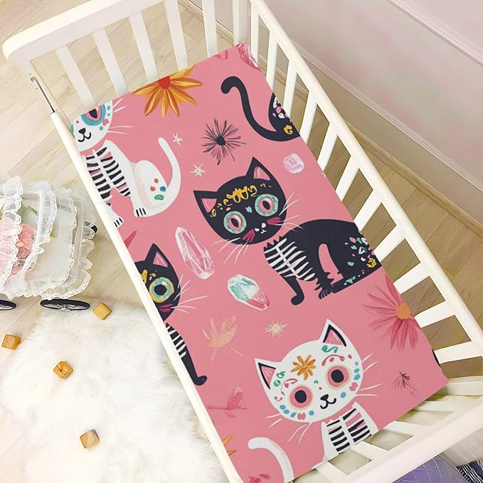 Cats Abstract Sugar Skulls Pink Crib Sheets Standard Crib Toddler Mattresses Cover Fitted Baby Bed Sheet Breathable Crib Mattress Sheet for Girls Boys 52" x 28"x5''
