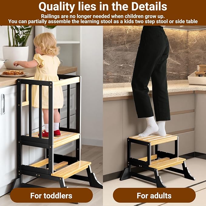 COSYLAND Kitchen Tower for Toddlers with Anti-Tip Support – Lightweight Toddler Kitchen Stool Helper for Bathroom Living Room Dining Room – Solid Bamboo Standing Tower (Natural & Black)