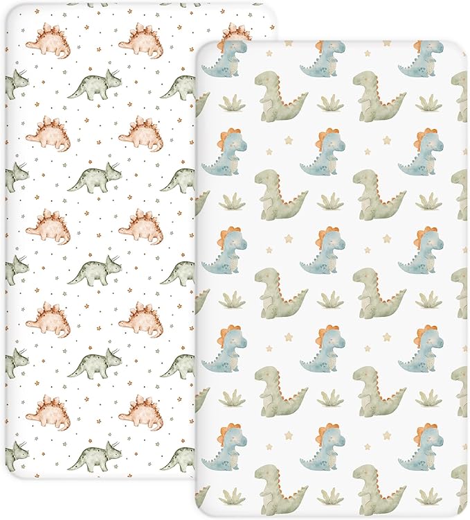 Crib Sheets for Boys and Girls, 2 Pack Fitted Baby Sheets for Standard Toddler Mattress 28" x 52", Soft Breathable Jersey Knit Baby Bedding (Tiny Dinos)