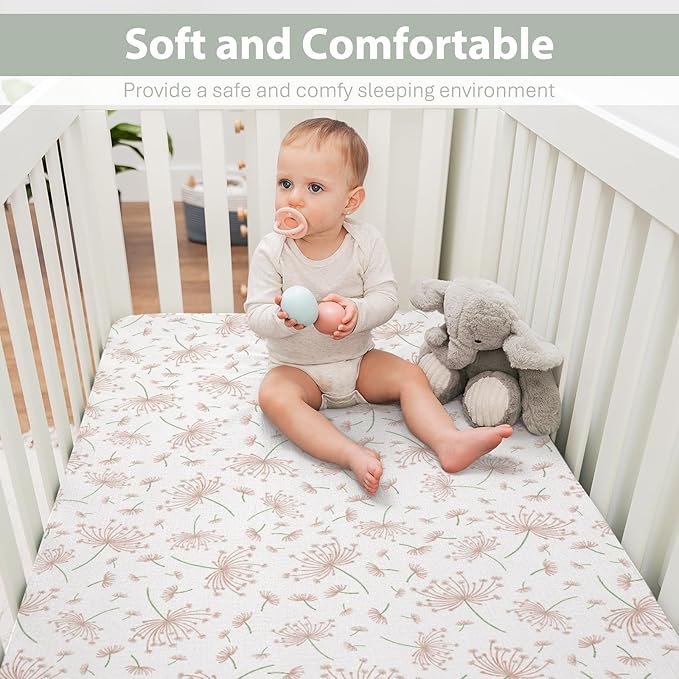 Pink Dandelions Flower Baby Crib Sheets for Boy Girl 52x28Inch Nature Neutral Floral Soft Stretchy Fitted Crib Mattress Cover Spring Summer Baby Sheet for Crib and Toddler Bed Mattresses