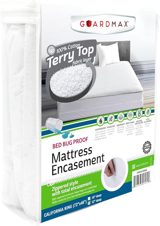 Guardmax Terry Cotton Zippered Mattress Encasement - California King Size - 100% Waterproof and Bed Bug Proof Mattress Protector - Absorbent Six-Sided Mattress Cover (Terry Cotton, California King)