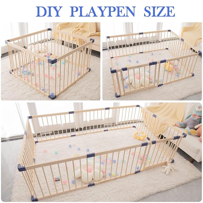 Wooden Baby Playpen Activity Center, Foldable Playpen for Babies and Toddlers, Large Baby Fence Play Area with Safety Gate for Indoor Use, Corrales para Bebes, Kids Safety, 63.00"x 70.90"x24"