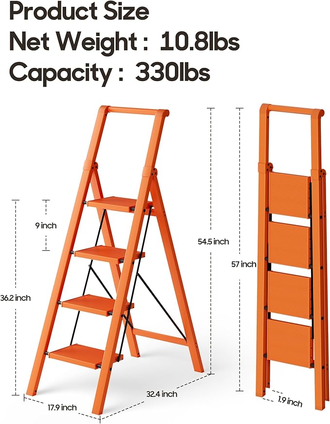 HillhutApex 4 Step Foldable Aluminum Step Ladder with Handgrip, Anti-Slip Pedal, 330 lbs Capacity, Lightweight & Portable for Home, Kitchen, Office, Garage (Orange)