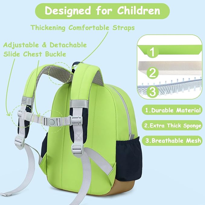 CAMTOP Toddler Backpack for Boys Girls 2-4, Kids Backpacks for Kindergarten Preschool, 12" H Small Bookbag for Daycare Travel (Green & Blue & Brown, 12''- Not fit A4 folder)