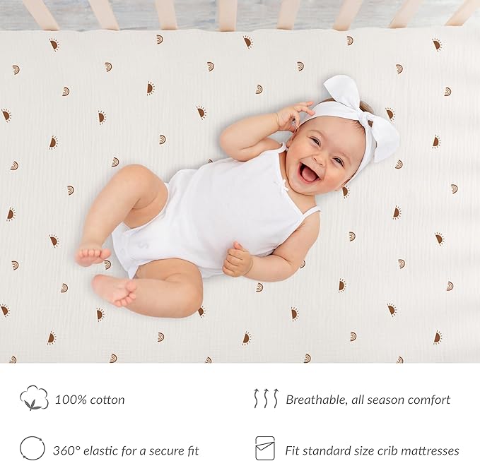 Meracorallo Muslin Fitted Crib Sheet, Soft and Breathable Baby Crib Sheet for Standard Crib and Toddler Mattresses, Sun Rainbow