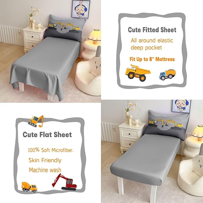 4 Piece Toddler Bedding Set for Boys,Cars Construction Toddler Bed Comforter Set Includes Comforter,Flat Sheet,Fitted Sheet and Pillowcase,Christan Trucks Tractors Bed in A Bag for Kids Bedroom