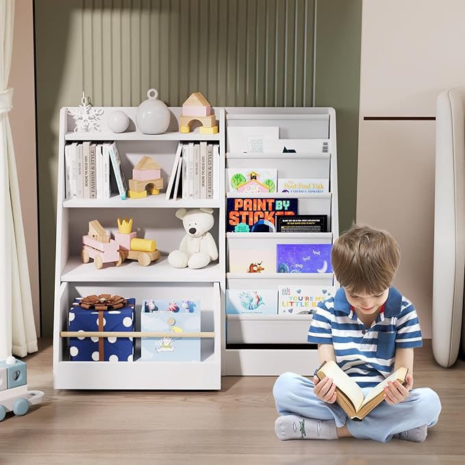 HedoAjim Kids Bookshelf with Toy Storage Organizer Movable Drawer, Toddler Bookcase 5 Sling Child Book Rack 4-Tier Shelf Cabinet Chest with Wheels for Nursery,Playroom,Bedroom,Living Room,Classroom
