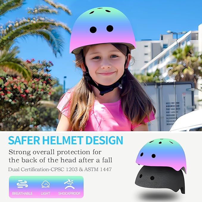 Adjustable Gradient Color Kids/Toddler Bike Helmet for 1-2-3-5-8-14 Years Boys Girls,Skateboard Helmet with Knee and Elbow Pads Wrist Guard Roller Skates,Cycling,Skating Scooter Longboard
