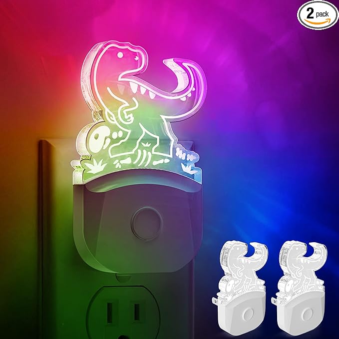L LOHAS LED Night Light for Kids, Dinosaur Night Light for Boys, Velociraptor LED Night Lights Plug into Wall, RGB+Soft White 3000K, Dusk to Dawn, Ideal for Nursery Room, Bedroom Decor[2 Pack]