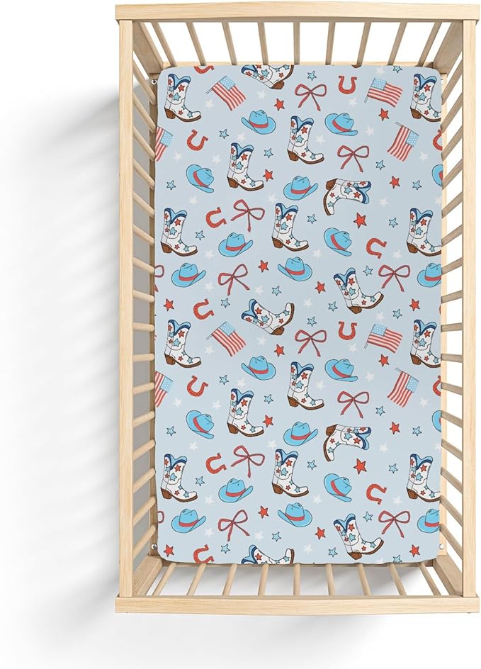 July 4th Western Cowboys Baby Crib Sheets for Boy 52"x28" Cowboy Boots Hat American Flag Stars Bows Soft Snug Fitted Crib Mattress Cover Patriotic Baby Sheet for Standard Crib & Toddler Bed Mattress