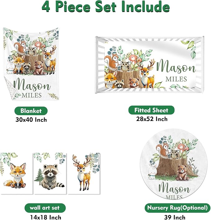 Custom Baby Crib Bedding Set,Personalized Name Animal Stump Pattern Nursery Bed Set 4 Piece,Baby Blanket Fitted Sheet Nursery Rug Wall Art Set,Custom Room Decor Idea Gift for Newborns Boys Girls