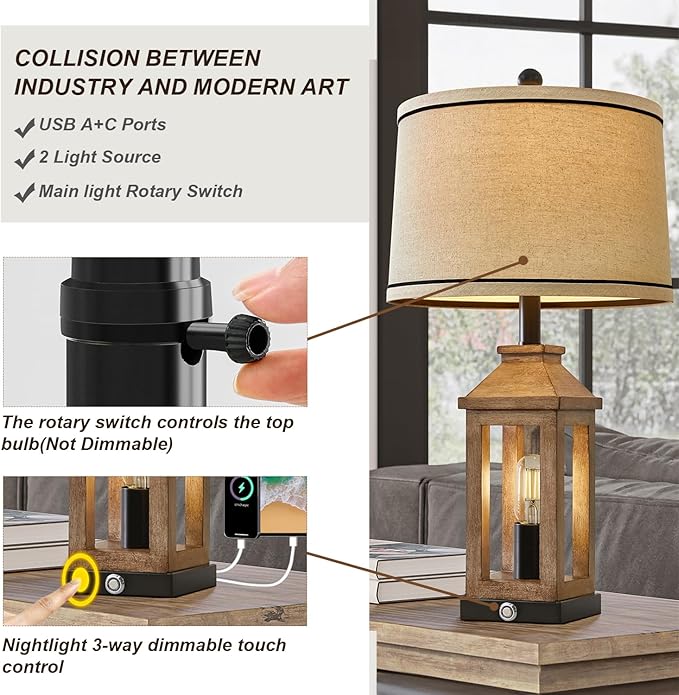 G-SAFAVA 23.75" Farmhouse Dual USB Charging Ports 3-Way Dimmable Touch Control Table Lamp with Nightlight Vintage Modern Lamps for Living Room Bedroom