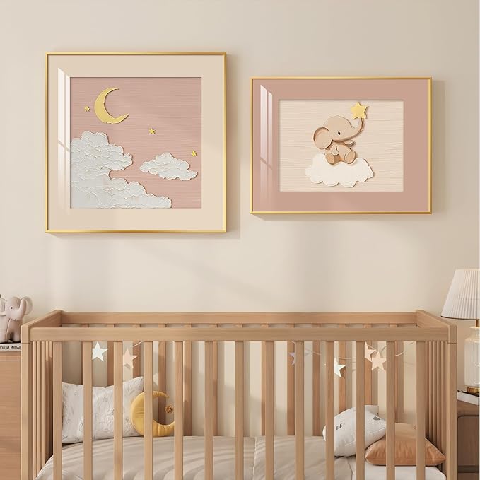 Framed Nursery Wall Art Set of 2, Cute Pink Elephant & Moon Artwork for Kids Room Walls Decor, Soft Neutral Baby Wall Pictures Prints for Bedroom Playroom Nursery Wall Decor, 24x24 & 24x18 Inch