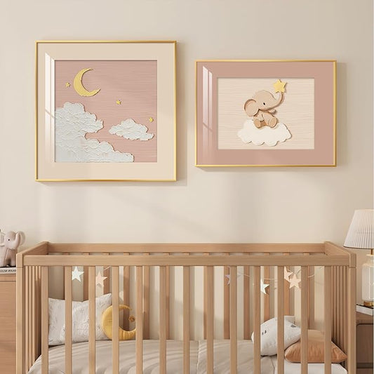Framed Nursery Wall Art Set of 2, Cute Pink Elephant & Moon Artwork for Kids Room Walls Decor, Soft Neutral Baby Wall Pictures Prints for Bedroom Playroom Nursery Wall Decor, 24x24 & 24x18 Inch
