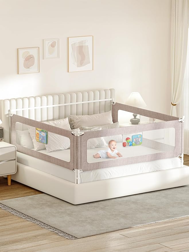 VBABY 3-Piece King Size Bed Rails for Toddler, Adjustable Height Baby Bed Rail Guard, Reinforced Bed Protection Fence for Baby, Grey, 74.8 x 78.7 x 78.7 in