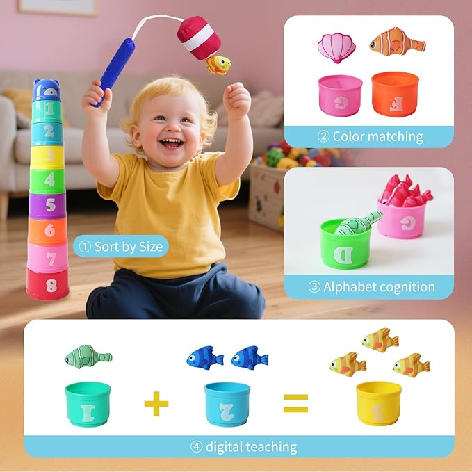 Montessori Toys for Toddlers, 29-Piece Cloth Fishing Game Set with Stacking Cups, Perfect for Toddler Birthday Gifts, Sensory Fishing Toy for Babies, Double Fishing rods