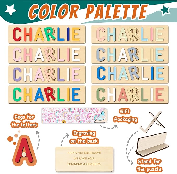 Name Puzzle for Kids Personalized, Custom Baby Name Puzzle, Customized Birthday Gifts for Boys and Girls, Personalized Baby Wooden Learning Toys