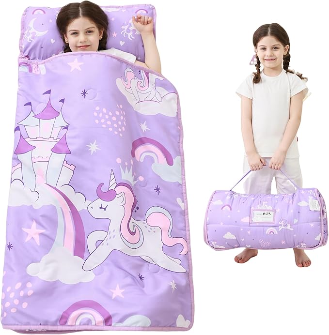 Toddler Nap Mat with Pillow and Blanket, Extra Large Rolled Napping Mats,Slumber Bags for Boys Girls,Kids Sleeping Bag for Daycare, Preschool Travel Camping
