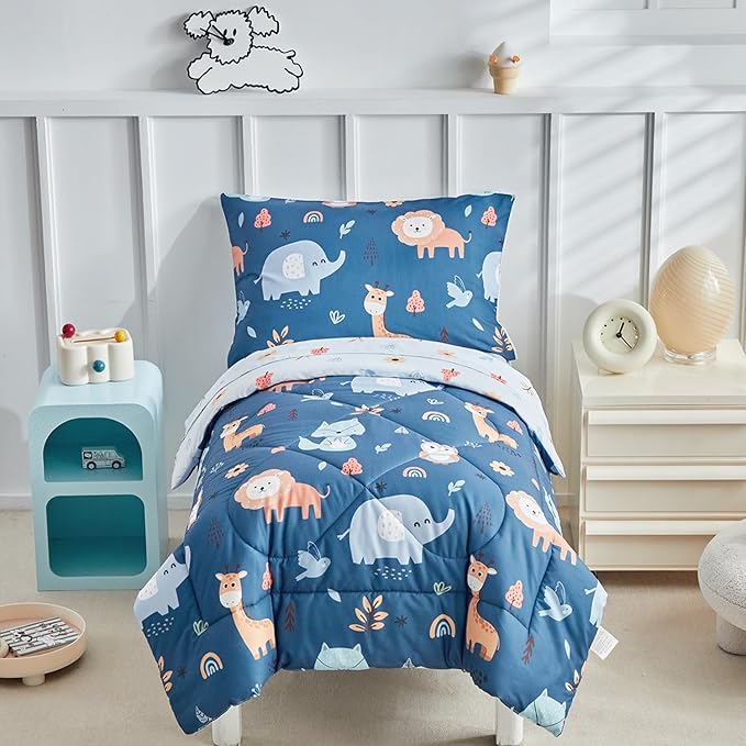 DuShow 4 Pieces Toddler Bedding Set for Boys,Navy Blue Animals Pattern Crib Comforter Set,Soft Toddler Bed Sheets Set Includes Flat Sheet,Fitted Sheet,Quilted Comforter,Pillowcase