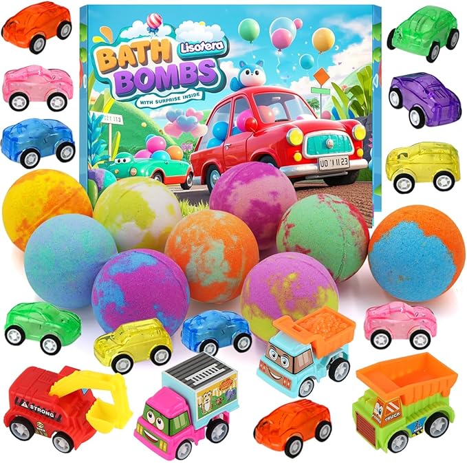 Bath Bombs for Kids with Toys Inside, Kids Bath Bombs for Boys Girls, 9-Piece Bathbomb Set Includes 9 Pull-Back Cars and 3 Vehicles, Halloween Christmas Birthday Easter Gift Set for Children