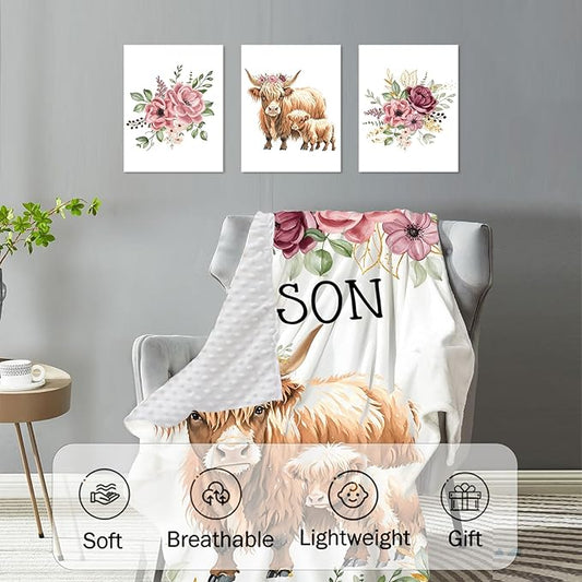 Personalized Baby Crib Bedding Set: 4 Piece Custom Flower Highland Cow Crib Bed Set with Name, Nursery Bedding Set for Baby Girls, Newborn Boys Crib Sets, Crib Bedding Custom Gift, Crib Sheet