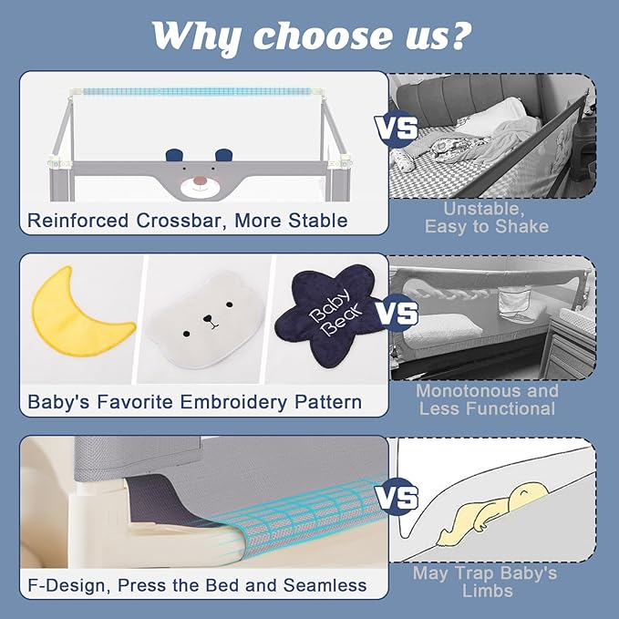 3-Piece Bed Rail for Toddlers with Headboard Rod, Adjustable Baby Bed Rail Guard, Twin/Full/Queen/King Size Bed (3, 78.7 * 78.7 * 59 Inch- Queen Size)