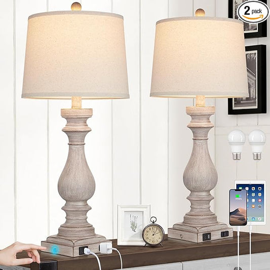Cinkeda 29" Tall Table Lamp for Living Room Set of 2,Vintage Bedside Nightstand Lamps with USB C+A Ports & AC Outlet,3-Way Dimmable Touch Control Desk Lamp for Bedroom,Color 2