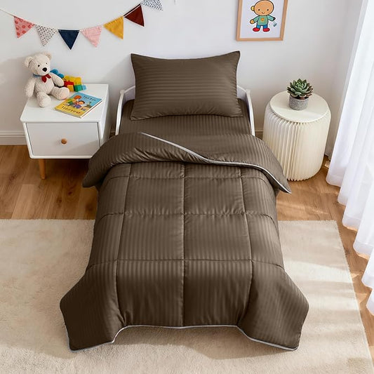 ZPECC Toddler Bedding Set - 4 Piece Hypoallergenic Baby Crib Bedding Set for Boys and Girls, Includes Toddler Comforter, Flat Sheet, Fitted Sheet and Pillowcase, Brown